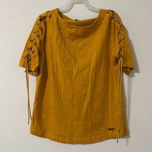 Mustard boat neck top with braided sleeves-M